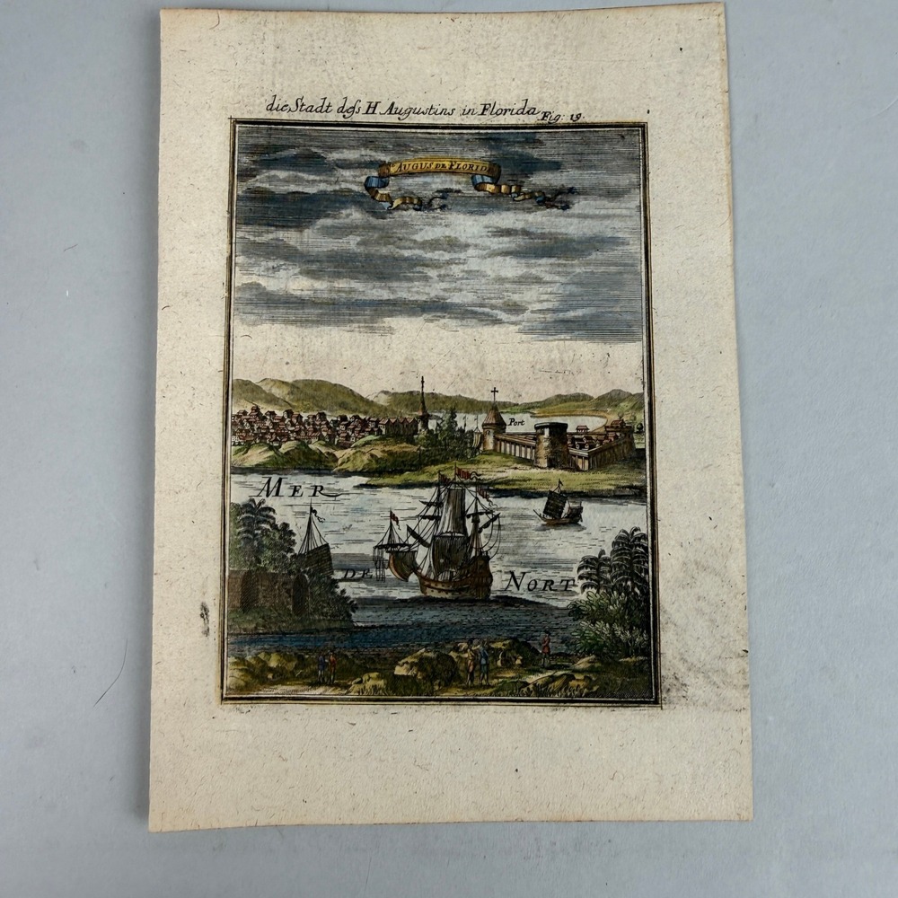 St Augustine Florida Antique Engraving Hand-colored print 6"x8"
